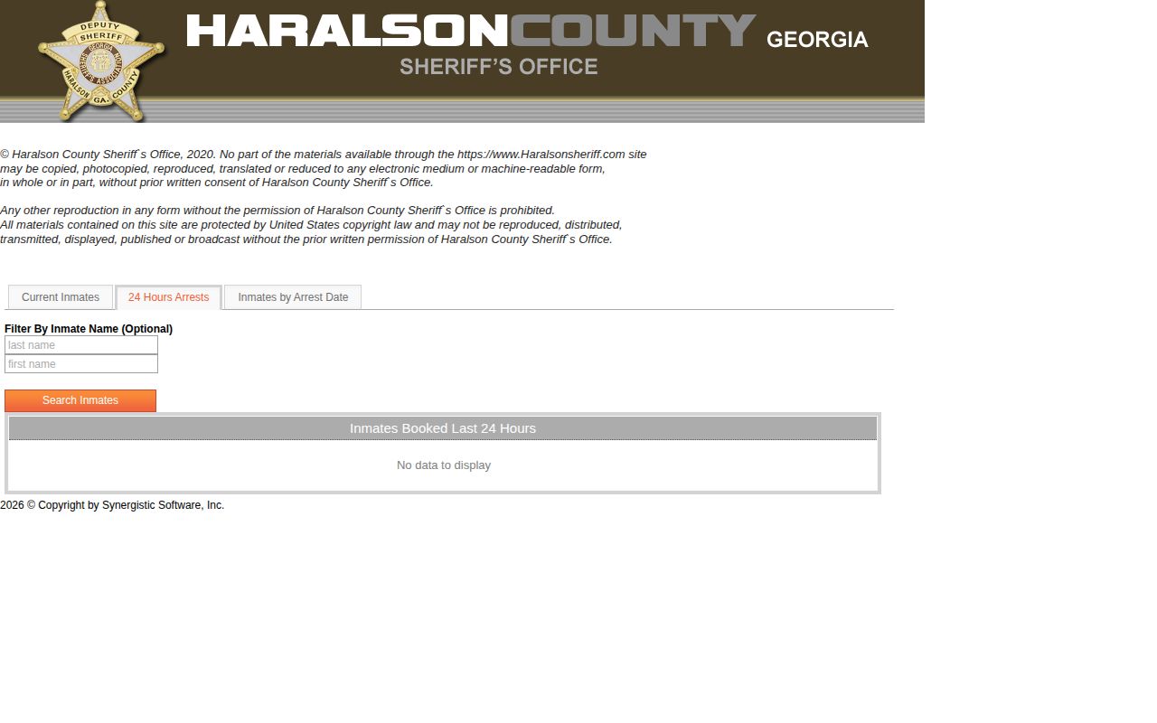 Haralson County roster page labeled Inmates Booked Last 24 Hours