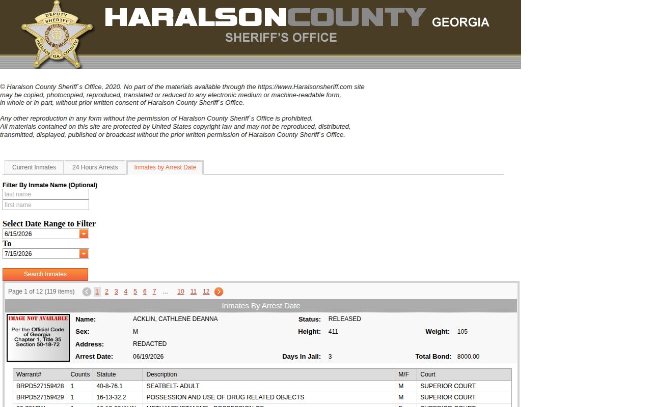 Haralson County arrest-date roster with released and currently booked statuses
