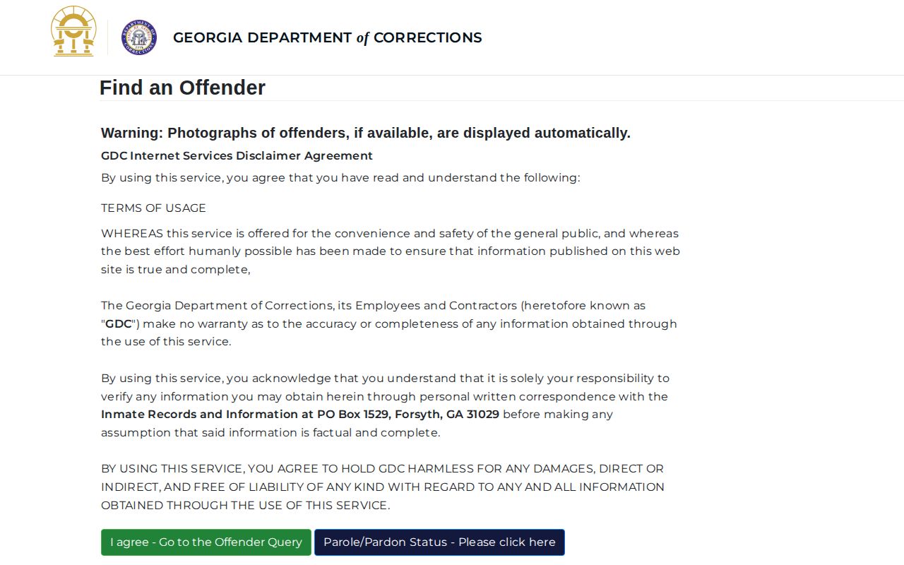 Georgia Department of Corrections offender query and disclaimer