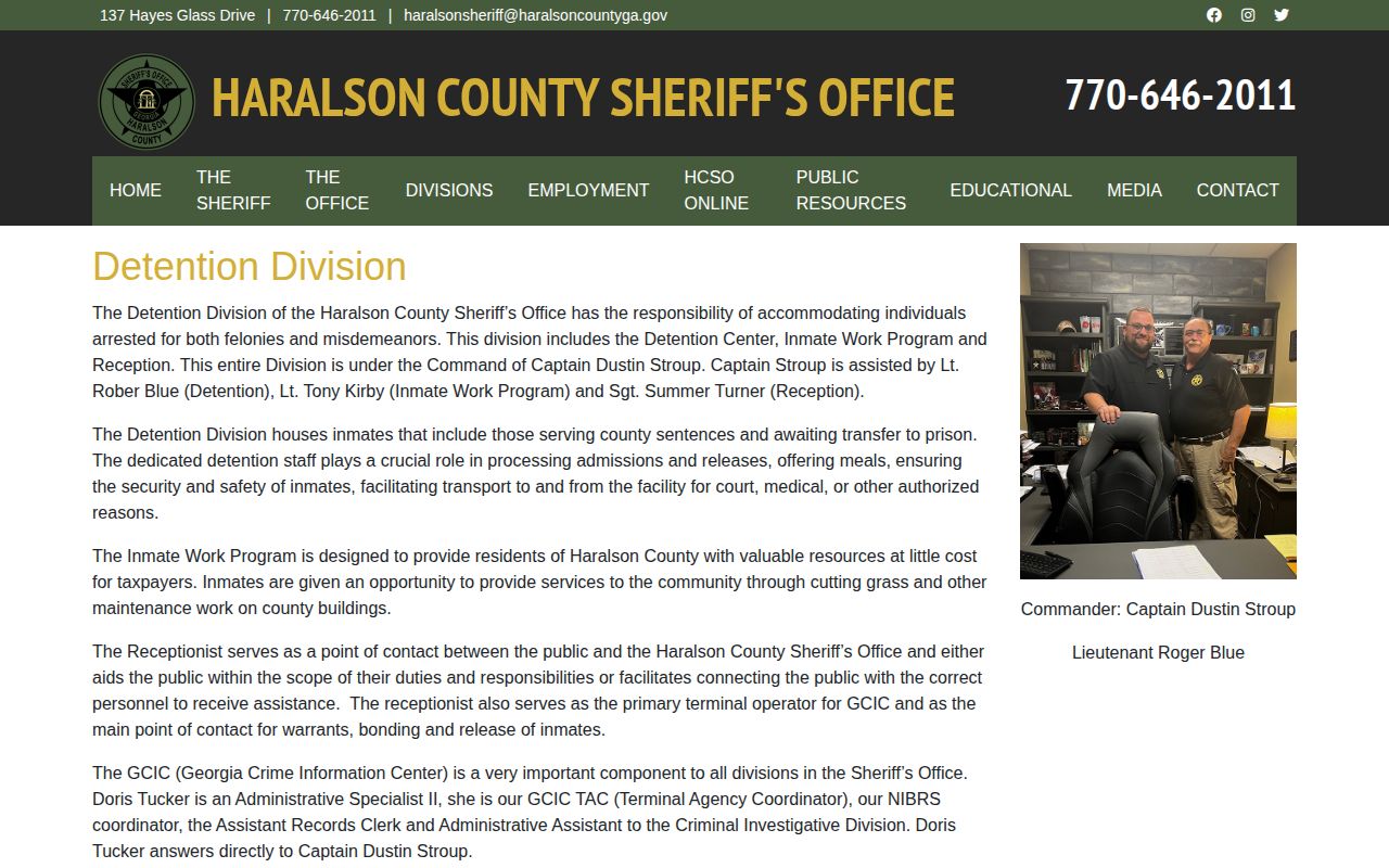 Haralson County Detention Division information about admissions and releases