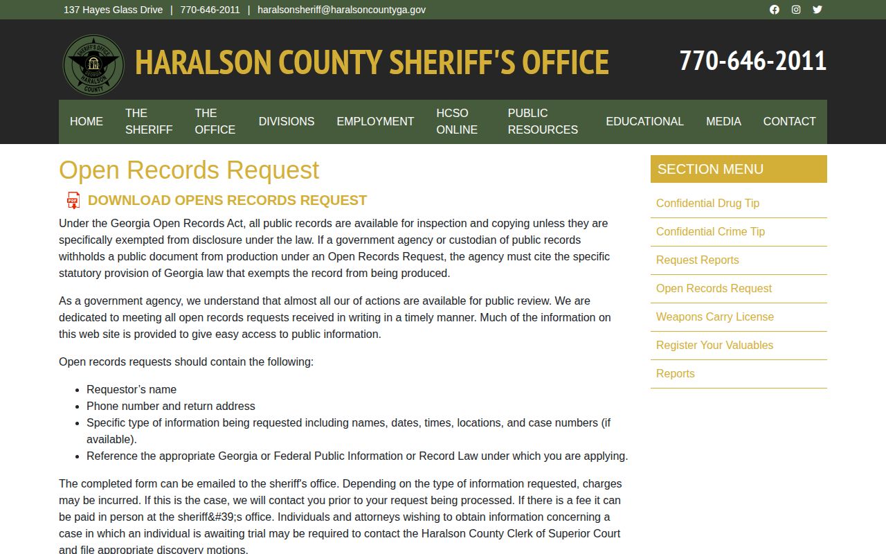 Haralson County Sheriff's Office open records request page